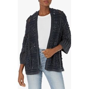 New! Lucky Brand Size M navy Crochet Cardigan Dark Denim Acid Wash Bauble Open